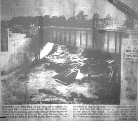 Construction of bridge abutments and installation of steel girders on the B&O railroad underpass in 1953.