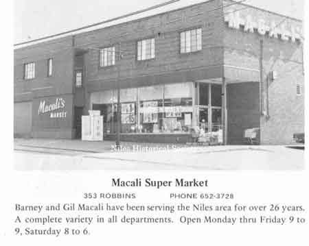 The Macali Deluxe Market moved to a new location at 353 Robbins Avenue in 1974. Both Barney and Gil Macali operated this store with the Pugh Brothers Hardware store occupying one-half of the building.