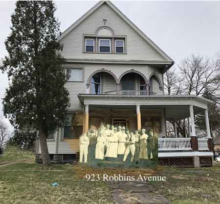 Composite image with the 1918 hospital staff and the 923 Robbins house.