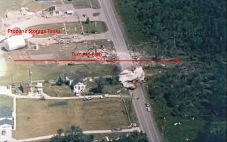 Aerial view of propane storage tanks