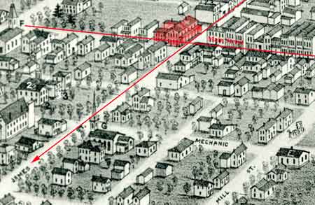 In 1836, L.W. Sandford built the Sandford House which is highlighted in red below in a section of the Panoramic View of Niles, Ohio, 1882.