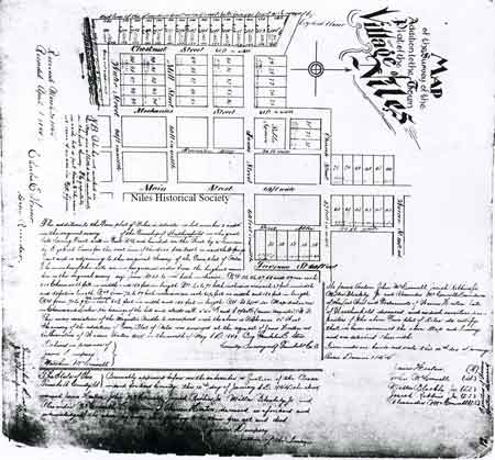 An 1847 map of Niles showing the lots platted downtown by James Heaton.