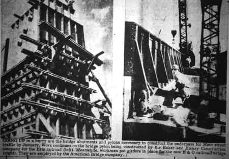 Construction of bridge abutments and installation of steel girders on the B&O railroad underpass in 1953.