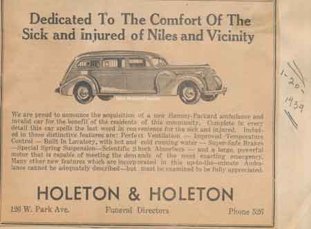 1939 advertisement for Holeton&Holeton Funeral Home at 126 West Park Avenue.