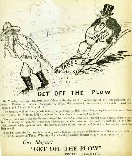 Photo of a political cartoon decrying the need for taxes to fund and build the Mahoning Valley Sanitary District and the Meander Reservoir.