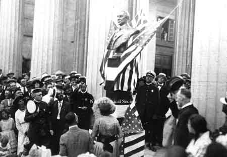 June 18, 1921- Mrs. J.D. Waddell nee Mary Ann Thomas unveiling the bust of Warren G. Harding at the McKinley Memorial.