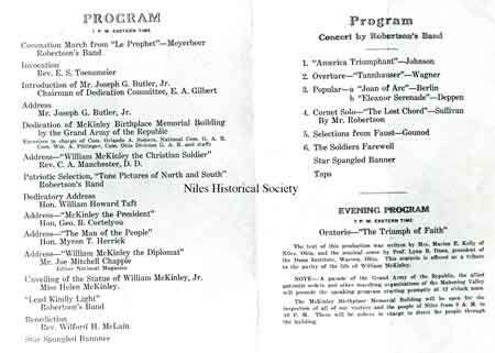 A photo of the inside of the program used to commemorate the dedication of the McKinley Memorial in Niles, Ohio on Oct. 5, 1917.