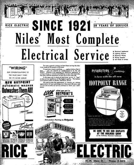 Niles Daily Times advertisement for Rice Electric, 1949.