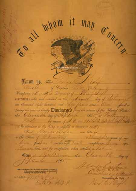 George Rider's discharge paper from the Grand Army of the Republic, known as the Union Army.