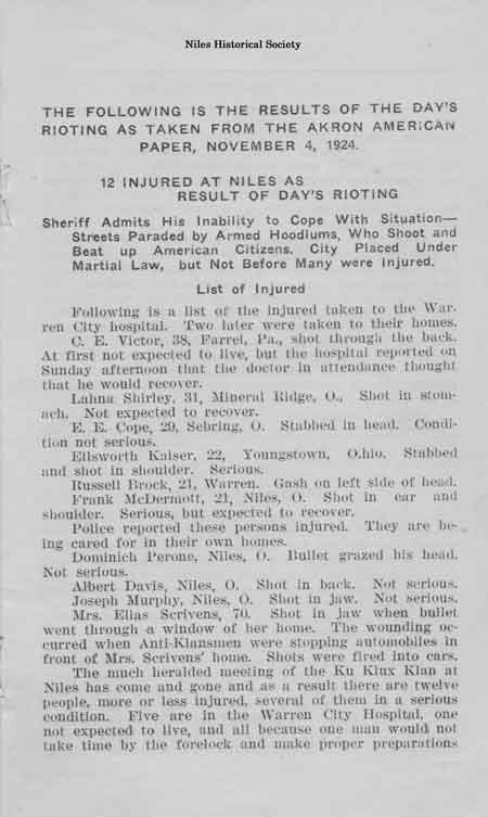 Page from "The Truth About the Niles Riot, November 1, 1924" where the Klan published their viewpoint of the events of the riot.