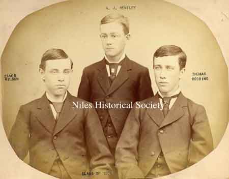 This photograph was taken in 1876 of the graduates of Niles Central School. L-R: Elmer Wilson, A.J. Bentley, and Thomas Robbins.