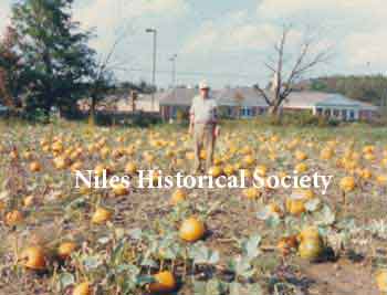 Phyllis' dad standing in seasonal pumpkin patch with the Autumn Hills retirement home across Niles-Vienna Road in the background.