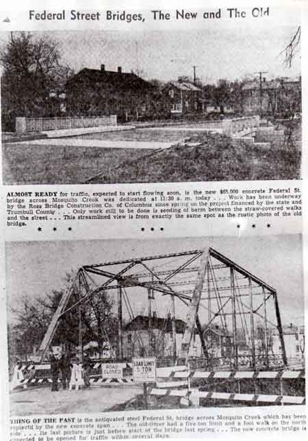 A 1950 newspaper photograph of the antiquated steel Federal Street Bridge across Mosquito Creek which has been replaced by a new concrete span.