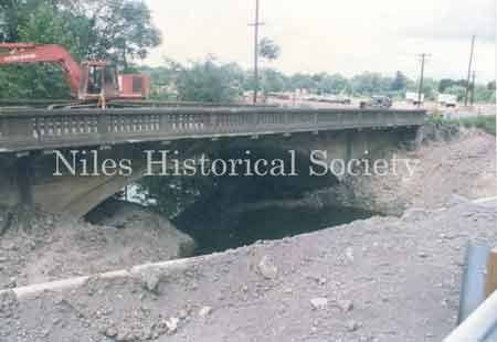 One of a series of pictures of the replacement and reconstruction of the bridge over Meander Creek on Rte. 46, south of town, in 1992.
