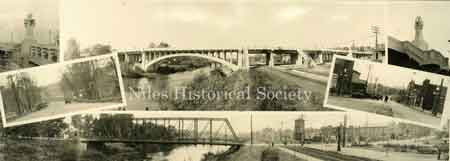 An elongated postcard with composite of several shots of the South Main Street Viaduct right after it was built in 1933.