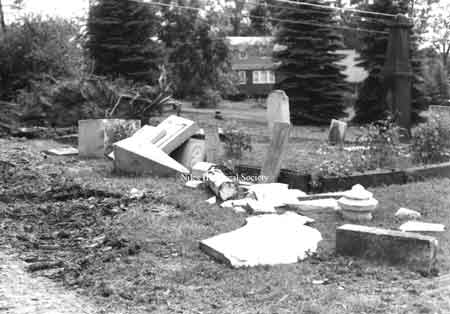 May 31, 1985 Tornado damages in the Heaton plot of Union Cemetery in Niles, Ohio.