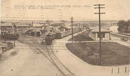 Pennsylvania RR yards and freight station with Mahoning River on the right and Niles Firebrick plant in left background.