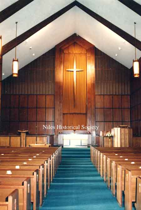 A view of the interior of First Christian Church, built on the corner of Arlington and Church Streets. in 1966, on the site of an existing church.