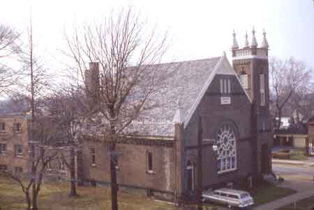 View of the stained glass window facing Church Street.