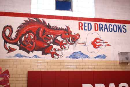 Dragon drawing on gym front wall.