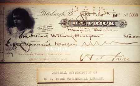 Photograph of the original check from Henry C. Frick to the Memorial Library in the amount of $50,000.00.