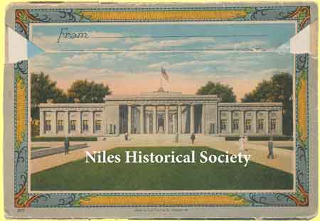 This postcard shows the McKinley Memorial whose left wing houses the new library. The erection of the library wing of the Memorial was made possible largely through the gift of $50,000.00 by Henry C. Frick, his gift being specifically for the library.