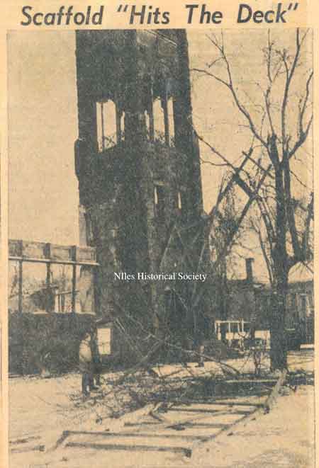 February 1953: Strong winds blew down temporary scaffold around the First Methodist Church. Burned October 1, 1951, the building is being wrecked this week.