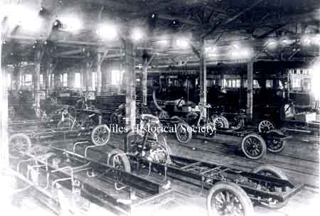 Inside the Niles Car & Manufacturing Com-pany about 1915 when the streetcars were being phased out and truck chassis were being built.