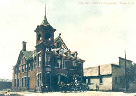 Two different views of the Niles City Building, built in 1895, which housed the horses and fire apparatus with the fire and police departments on the first floor.