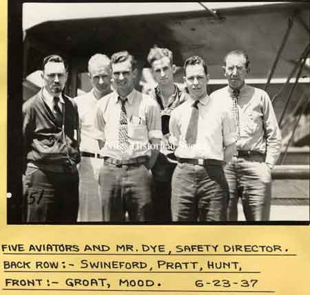 Pilots that flew food planes during the 1937 strike. L to R: B.T. Dyc, Safety Director Republic Steel; Ben I. Swineford, pilot; Frank Groat, pilot; L. Croft, pilot; P. Mood, pilot; J. W. Hunt, pilot Lic. No. 761045.