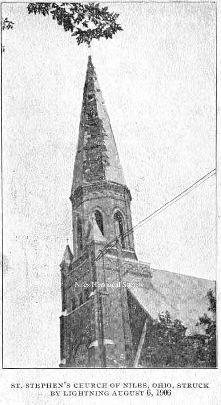 Original steeple of St. Stephen's Church was struck by lightning several times, this photo shows the damage when the steeple was struck in 1906.