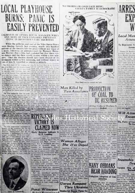 An article from the Niles Daily News dated September 17, 1920 detailing the fire at the Niles Opera House and the cool reaction of manager Ben Warner. PO1.1371