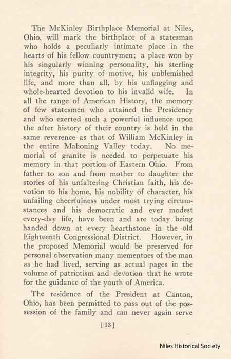 Page of the proposal to build a monument and memorial to William McKinley at Niles, Ohio, the place of his birth. 