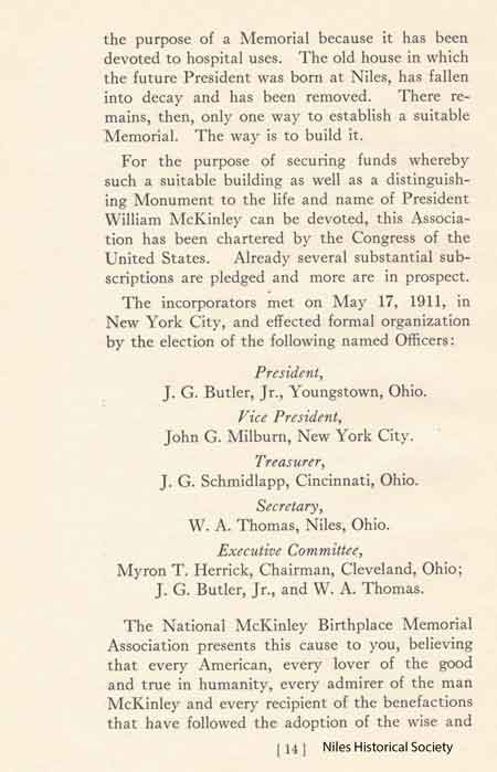 Page of the proposal to build a monument and memorial to William McKinley at Niles, Ohio, the place of his birth. 