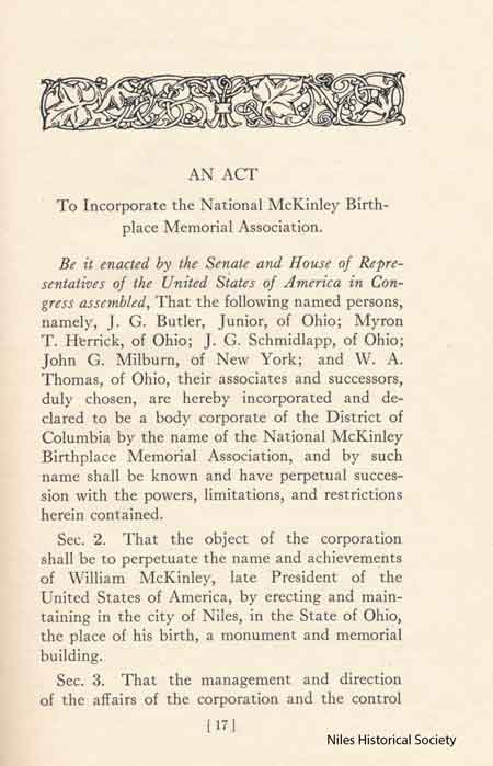 Page of the proposal to build a monument and memorial to William McKinley at Niles, Ohio, the place of his birth. 