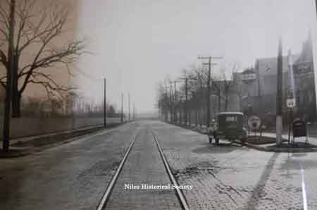 View of electric trolley car rails on Route 46 at Third Avenue, looking south.