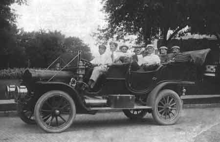 “WA” Thomas in his White Steamer: The men are as follows, left to right, chauffeur, “WA" Thomas, Jake Waddell, Dr. Claypool, W. J. Bentley, Charles S. Thomas and William H. Pritchard. Photo taken c. 1908.