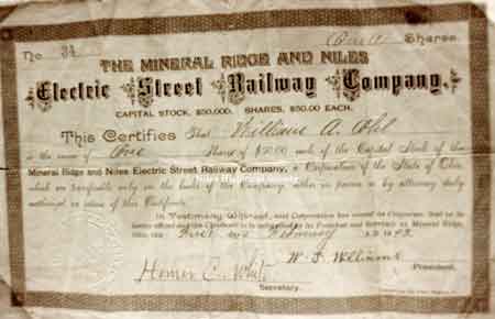 Electric Steel Railway Company Mineral Ridge and Niles stock certificate purchased by William A. Ohl of Mineral Ridge.