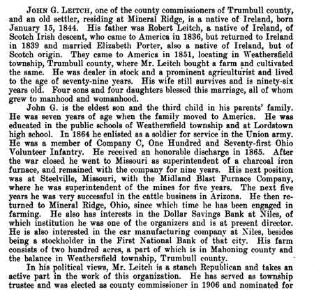 Pages 110 and 111 in the History of Trumbull County lists this information about John G. Leitch.