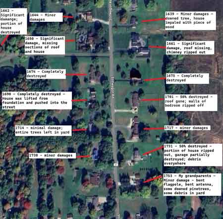 Google map location of Stillwagon 1985 Tornado damage