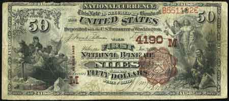 A bank note issued by the First National Bank of Niles and sighed by Wm. Herbert, President of the First National bank.