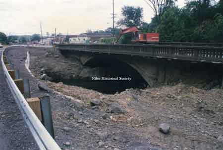 One of a series of pictures of the replacement and reconstruction of the bridge over Meander Creek on Rte. 46, south of town, in 1992.