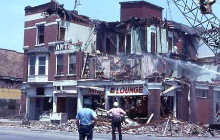 The final stages of the demolition of the Antler Hotel on the northeast corner of Main Street and East Park Avenue.