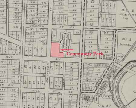 The 1918 map shows the location of the new McKiley Memorial. The marked area shows the location of the previous Niles Community Park which is now part of the Memorial grounds.